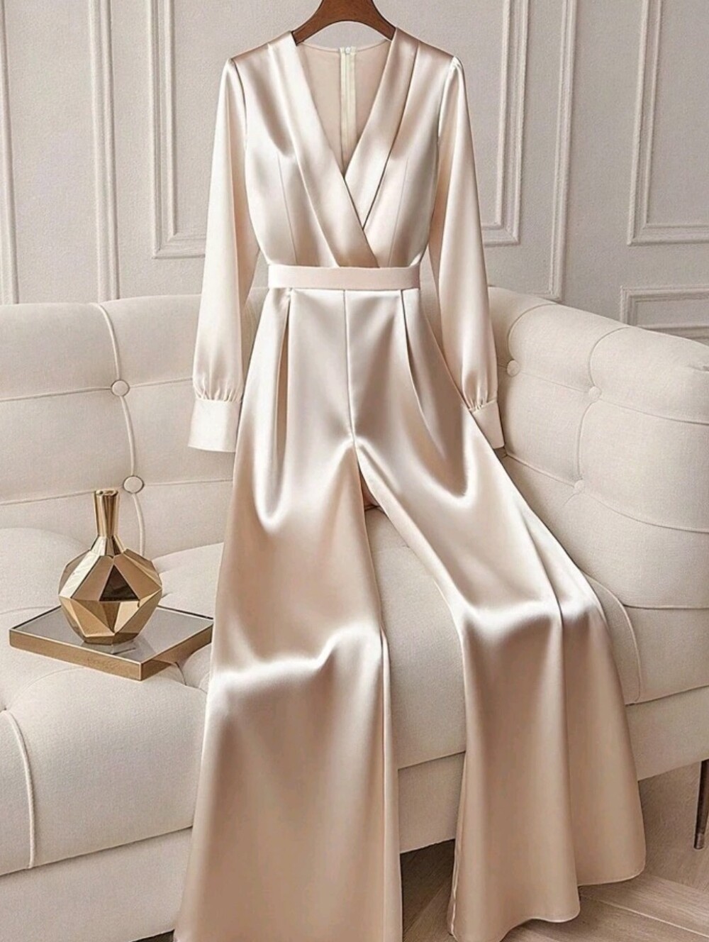 Women's V-Neck Long Sleeve Shiny Fabric Waist Cinched Flared Leg Jumpsu